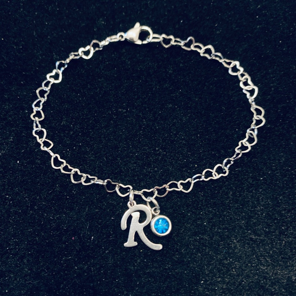Mini link Hearts chain bracelet with Letter Initial and birthstone